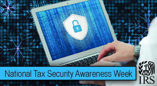 Person typing on laptop with text National Tax Security Awareness Week overlayed