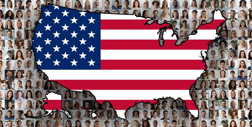 USA continent over collage of faces