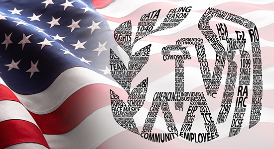 American flag with words written on IRS logo