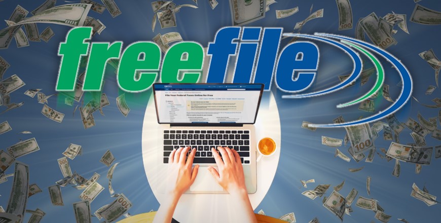 Person Typing on Laptop with Free File text and Money Floating in Background