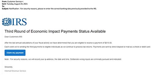 Email with IRS logo, titled Third Round of Economic Impact Payments Status Available