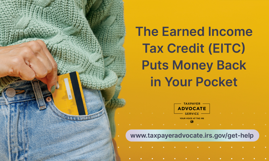 Person placing a credit card in their jean pocket. The Earned Income Tax Credit (EITC) puts money back in your pocket.