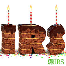  Chocolate birthday cake shaped in the letters I-R-S. Green IRS logo. 