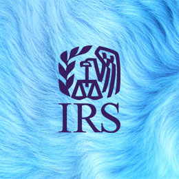 Dark blue IRS logo on a light blue furry background.