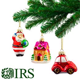 Holiday ornaments on a tree. Green IRS logo. 