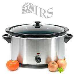 Silver crockpot with lid, one tomato and two onions in the bottom front; above it a wavy IRS log in gray