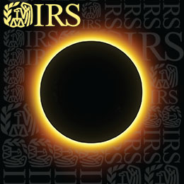 Yellow IRS logo top left-hand corner; black background with dark grey IRS logos; photo of total eclipse