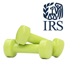 Green dumbbells and a dark blue IRS logo. 