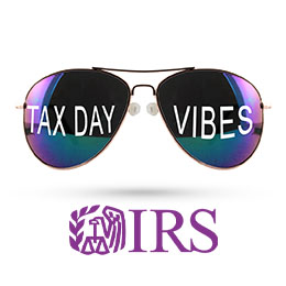 Sunglasses with text ‘TAX DAY VIBES’ in the reflection. Purple IRS logo. 