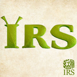 Green letters spelling I-R-S. Letter I has green ogre ears on top. Green IRS logo. 