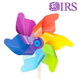 Pinwheel in purple, orange, yellow, lime green, aqua blue, navy blue blades; purple IRS logo above orange blade