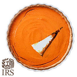 Pumpkin pie with wedge missing; brown IRS logo bottom left corner