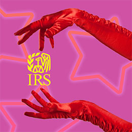 Arms wearing red satin gloves in the foreground. Purple wall with orange glowing stars in the background. Yellow IRS logo. 