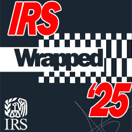 Blue and white checkered background with text: 'IRS Wrapped ’25.' 