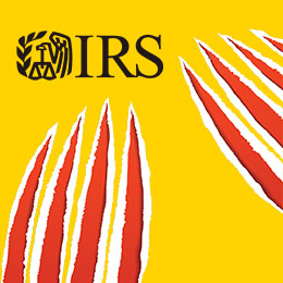 Yellow background; black IRS logo upper left corner; Wolverine slash marks in red