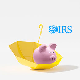 pink piggy bank inside upside down open yellow umbrella; IRS logo in blue