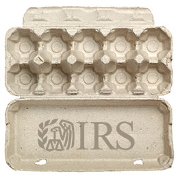 Empty egg carton, brown IRS logo