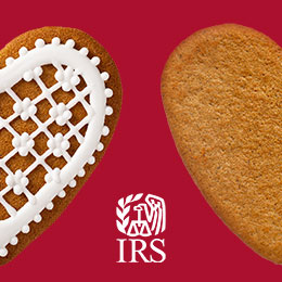 Red background with half a gingerbread cookie with white icing on the left edge, half a gingerbread cookie without icing on the right edge and a white IRS logo between the two.