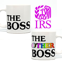 Two white coffee mugs, one reads "The Boss", the second reads "The Other Boss", with the word "Other" in rainbow colors. Purple IRS logo.
