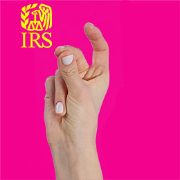 Pink background, hand snapping, yellow IRS logo.