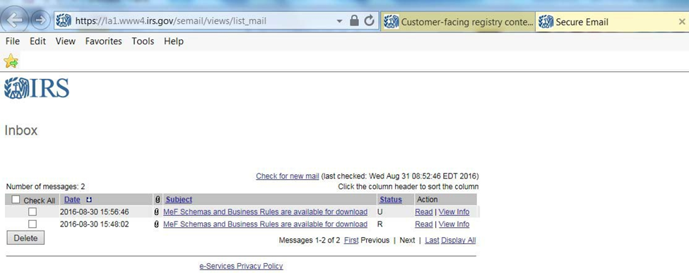 Screen capture of e-Services inbox