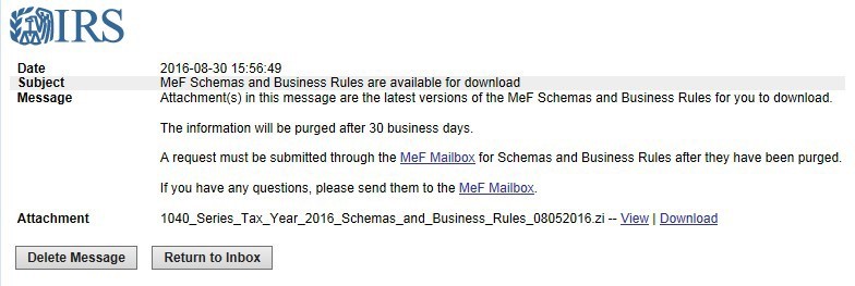 Screen capture of an e-Services mailbox email message titled MeF Schemas and Business Rules are available for download