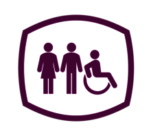 An icon depicting three people with two standing and one in a wheelchair.