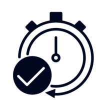 A graphic depicting a stop watch with a check mark.
