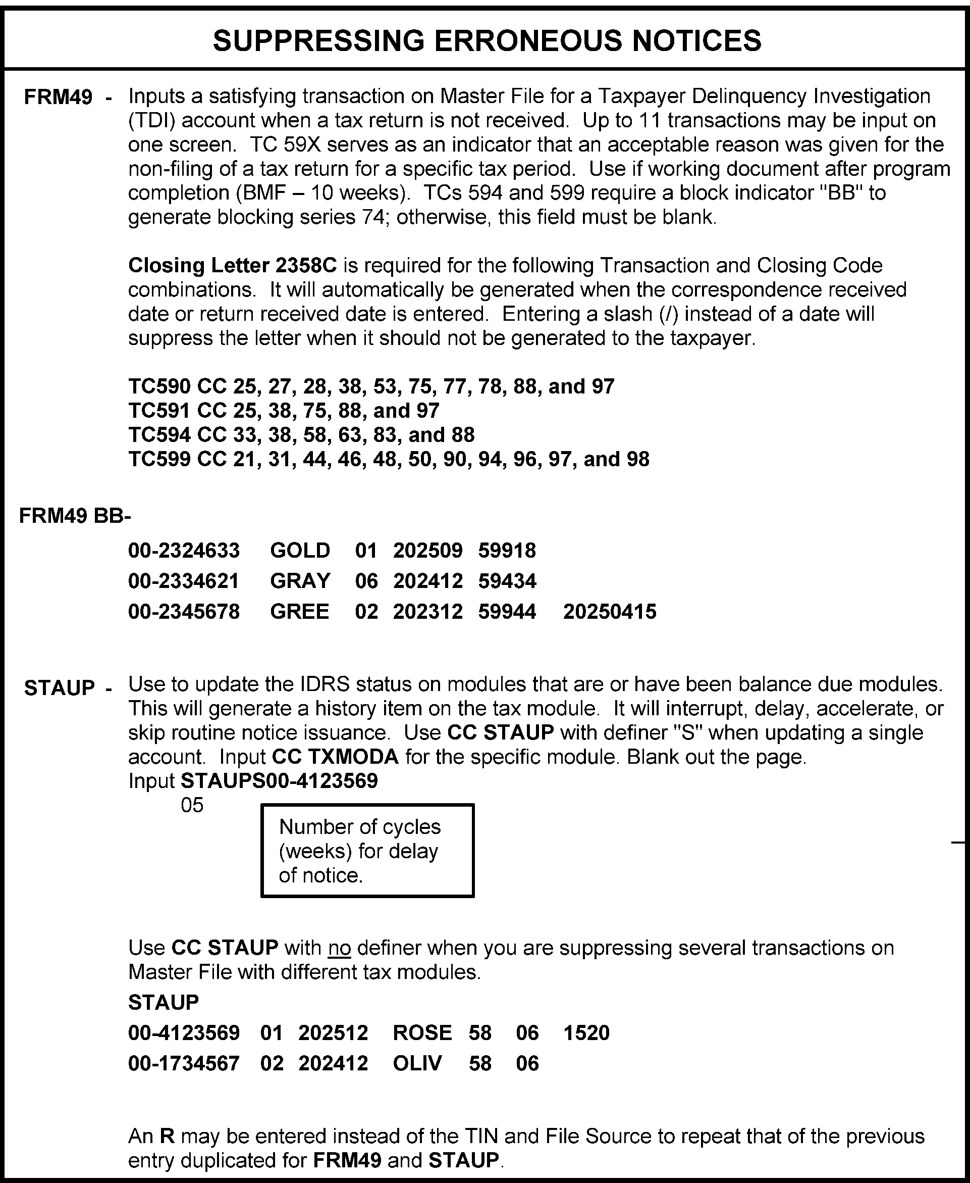 Irs Cycle Code Chart