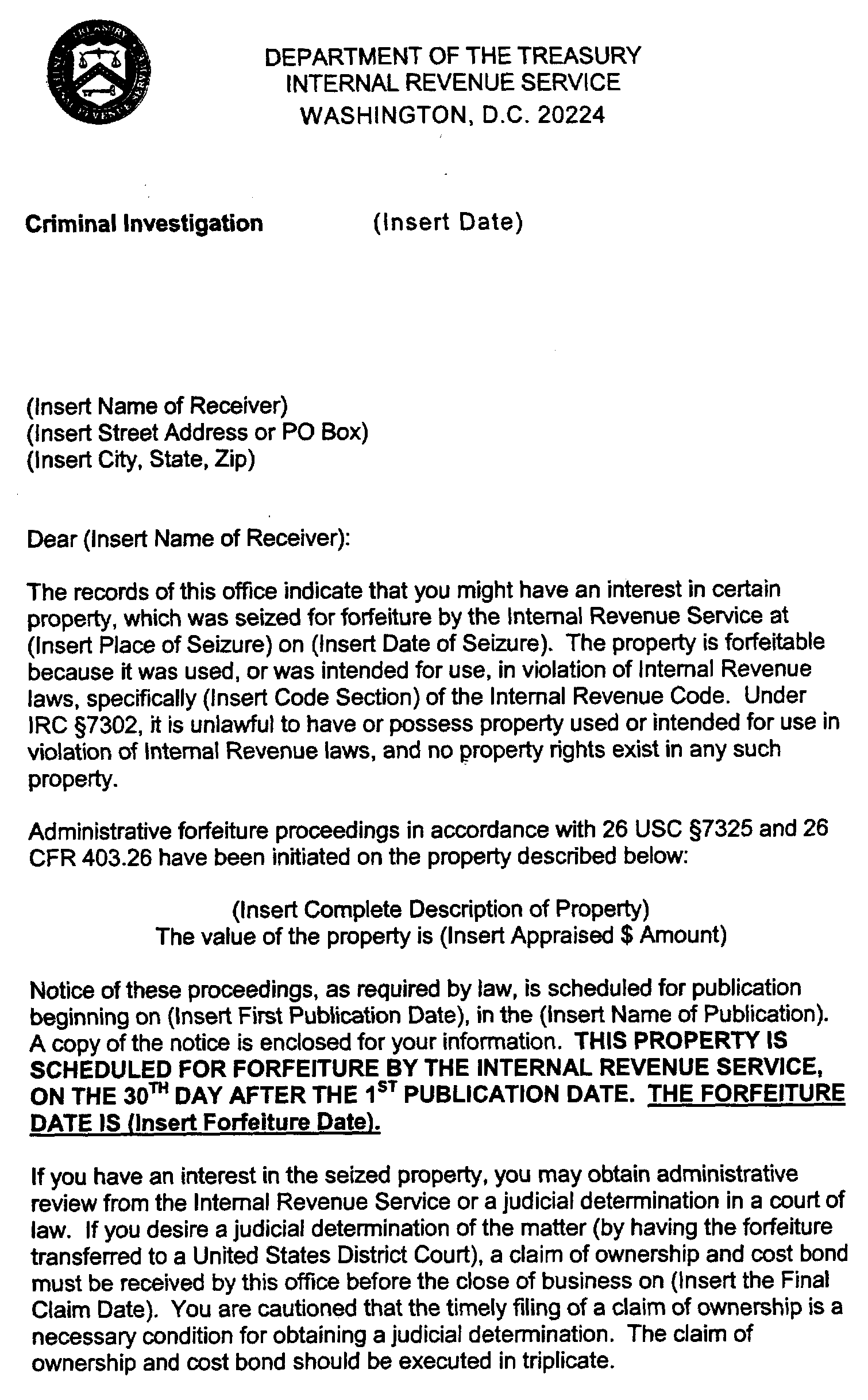 9.7.13 Title 26 Seizures for Forfeiture  Internal Revenue 